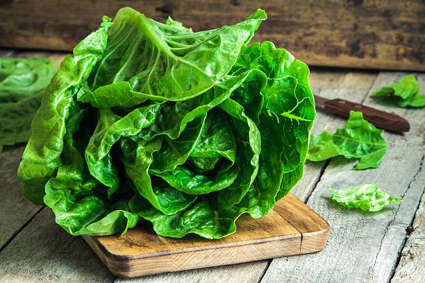 ripe organic green salad Romano ripe organic green salad Romano on a cutting board lettuce photos stock pictures, royalty-free photos & images