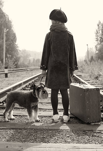 小さな女の子は彼女の犬をご同伴いただけます。昔ながらのヨーロッパの写真です。 - dog street loneliness solitude ストックフォトと画像