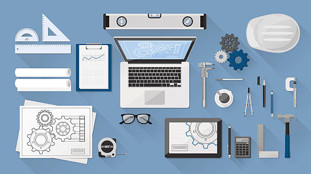 ilustraciones, imágenes clip art, dibujos animados e iconos de stock de ingeniero de escritorio - drawing compass machine part engineering plan