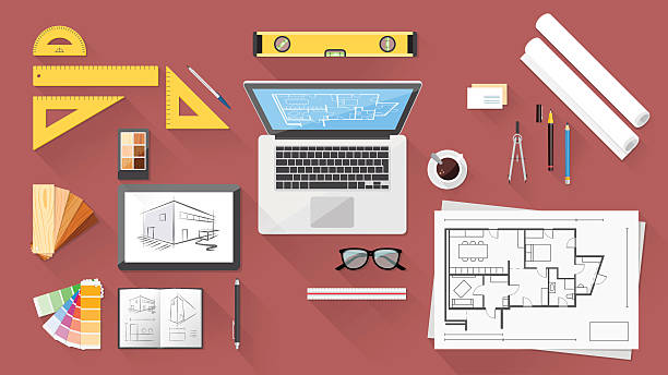 Architect desk Architect and designer desk with tools, tablet and computer blueprint industry work tool planning stock illustrations