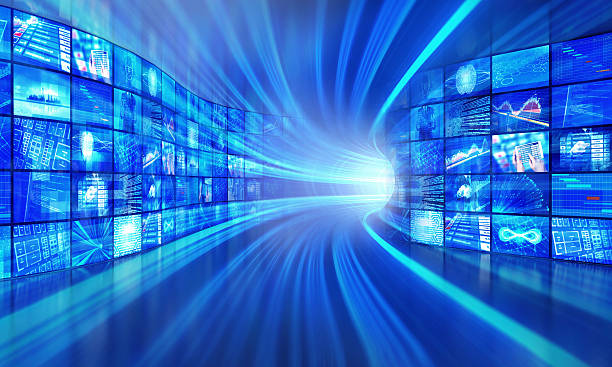 Multimedia technology in a cyberspace tunnel stock photo