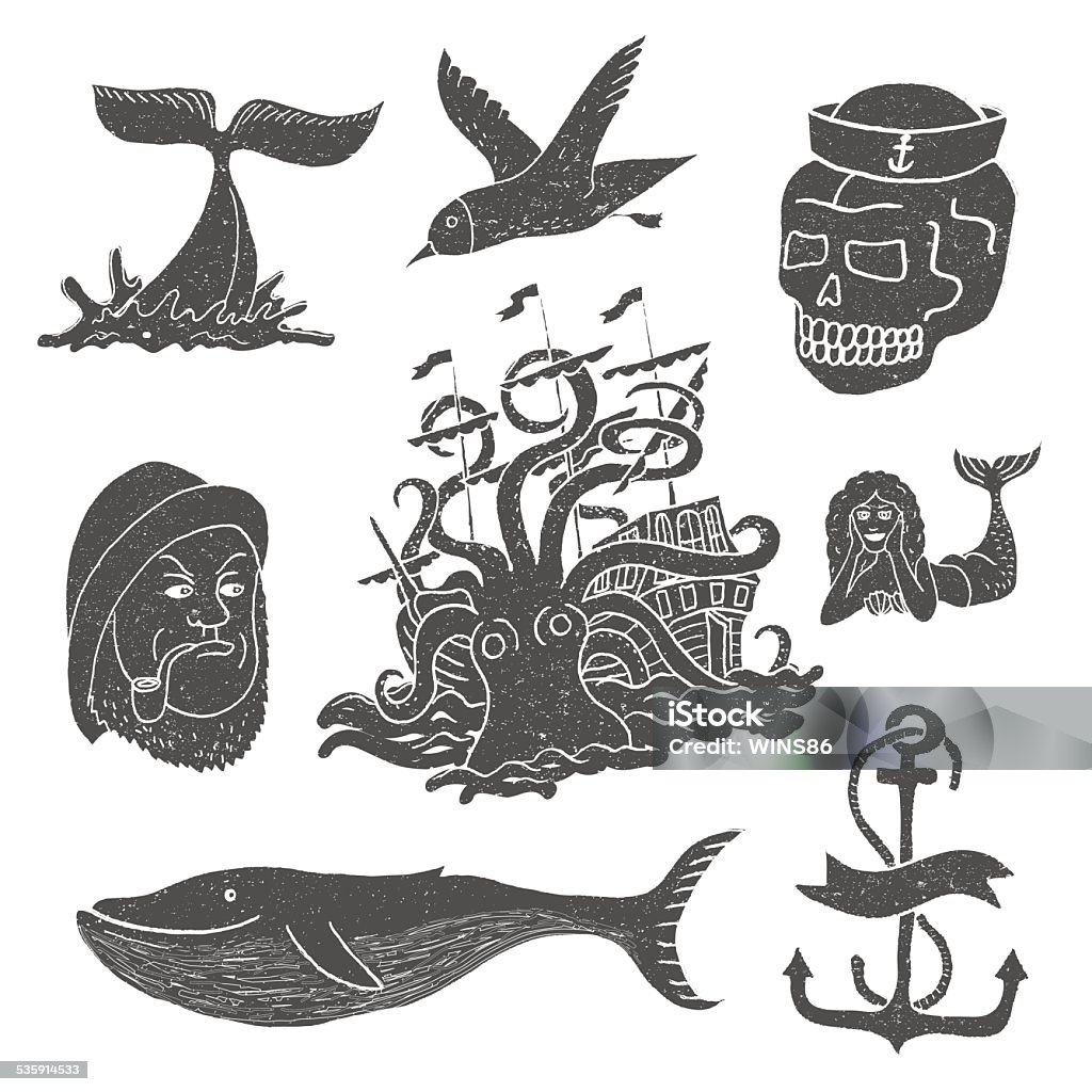 Marine themes & tattoo. Sailor. Ocean. Octopus. Whale. Skull. Anchor. Marine themes & tattoo. Sailor. Ocean. Octopus. Whale. Skull. Anchor. Vector illustration in doodle style. Tattoo stock vector
