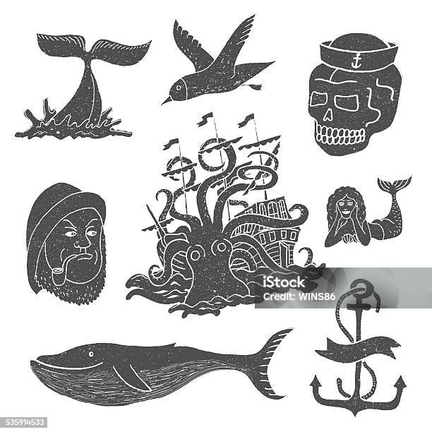 Marine Themes Tattoo Sailor Ocean Octopus Whale Skull Anchor Stock Illustration - Download Image Now