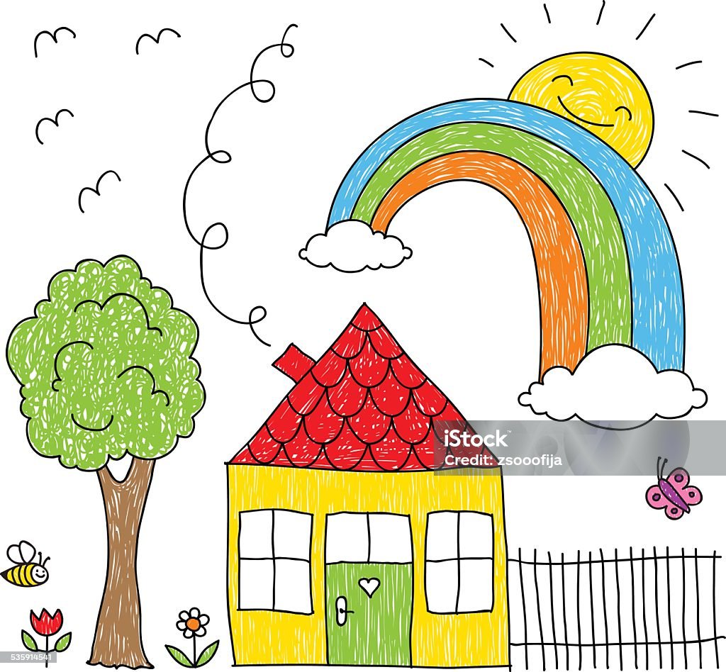 Kid's drawing of a house, rainbow and tree Childish doodle of a rainbow over a little house and a tree Drawing - Art Product stock vector
