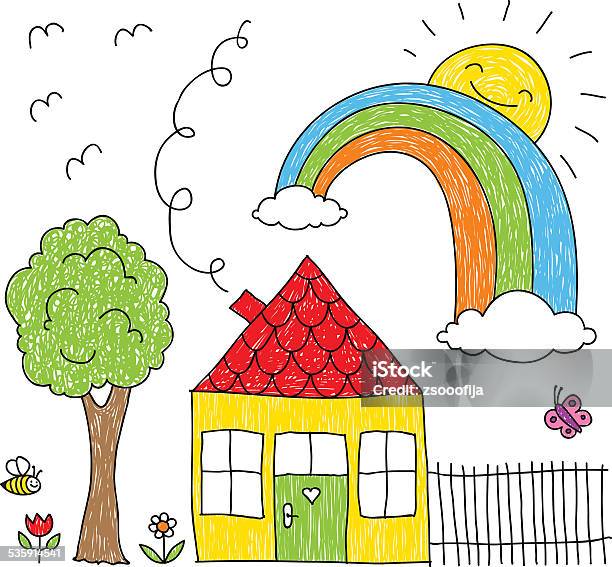 Kids Drawing Of A House Rainbow And Tree Stock Illustration - Download Image Now - Drawing - Art Product, Rainbow, 2015