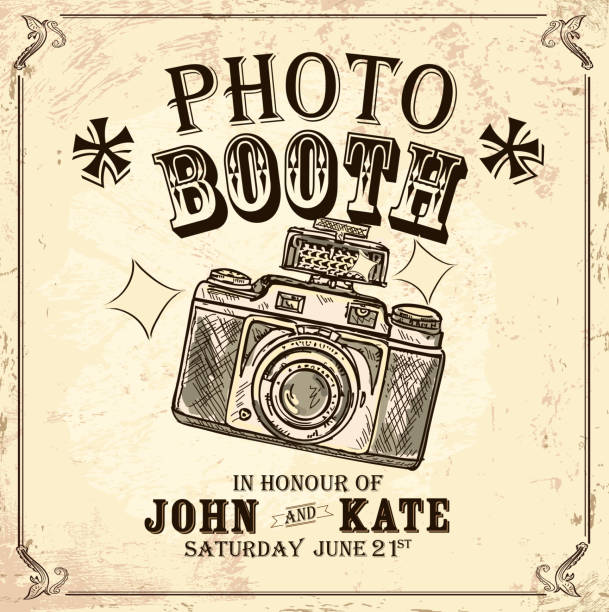 Vintage Photo booth design template on rough background Vintage Photo booth design template with vintage camera. Sample text design and elements. Layers for easy editing. photo booth stock illustrations