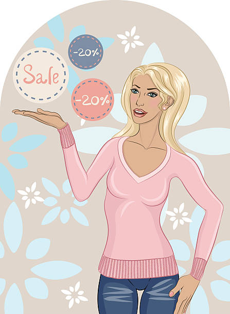 красивая молодая женщина со скидками - earring customer retail shopping stock illustrations