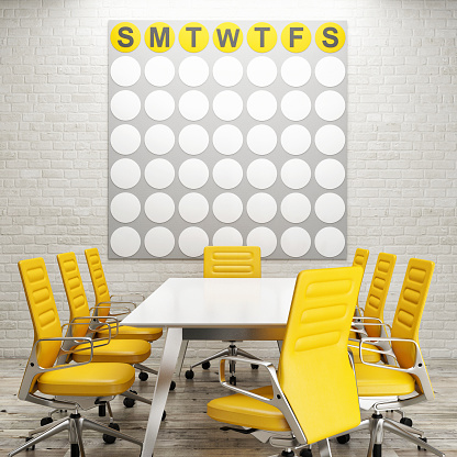 Mock up conference room, calendar on white brick wall