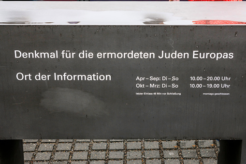 Berlin, Germany - July 18, 2012: The Memorial to the Murdered Jews of Europe in Berlin, written in German
