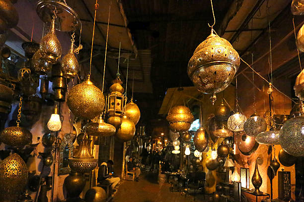 Traditional Morrocan lamps Lamps in a Moroccon souq in Marrakesh djemma el fna square stock pictures, royalty-free photos & images