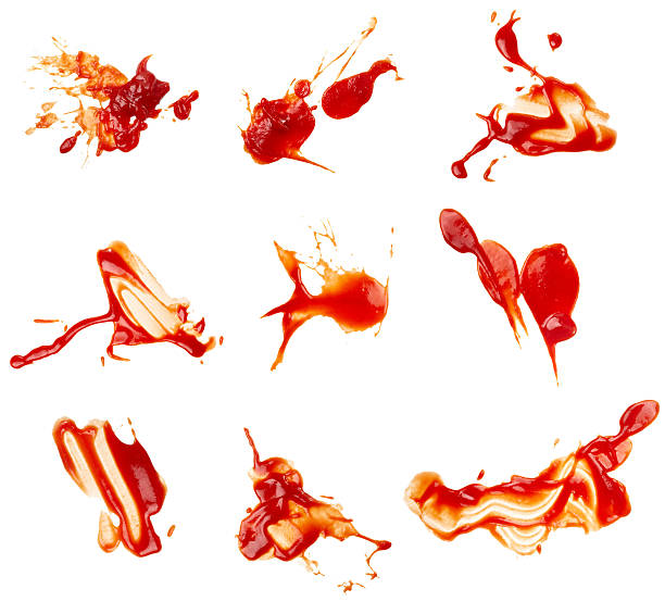 ketchup fleck schmutzig würzzutaten würze speisen - schmutzfleck stock-fotos und bilder