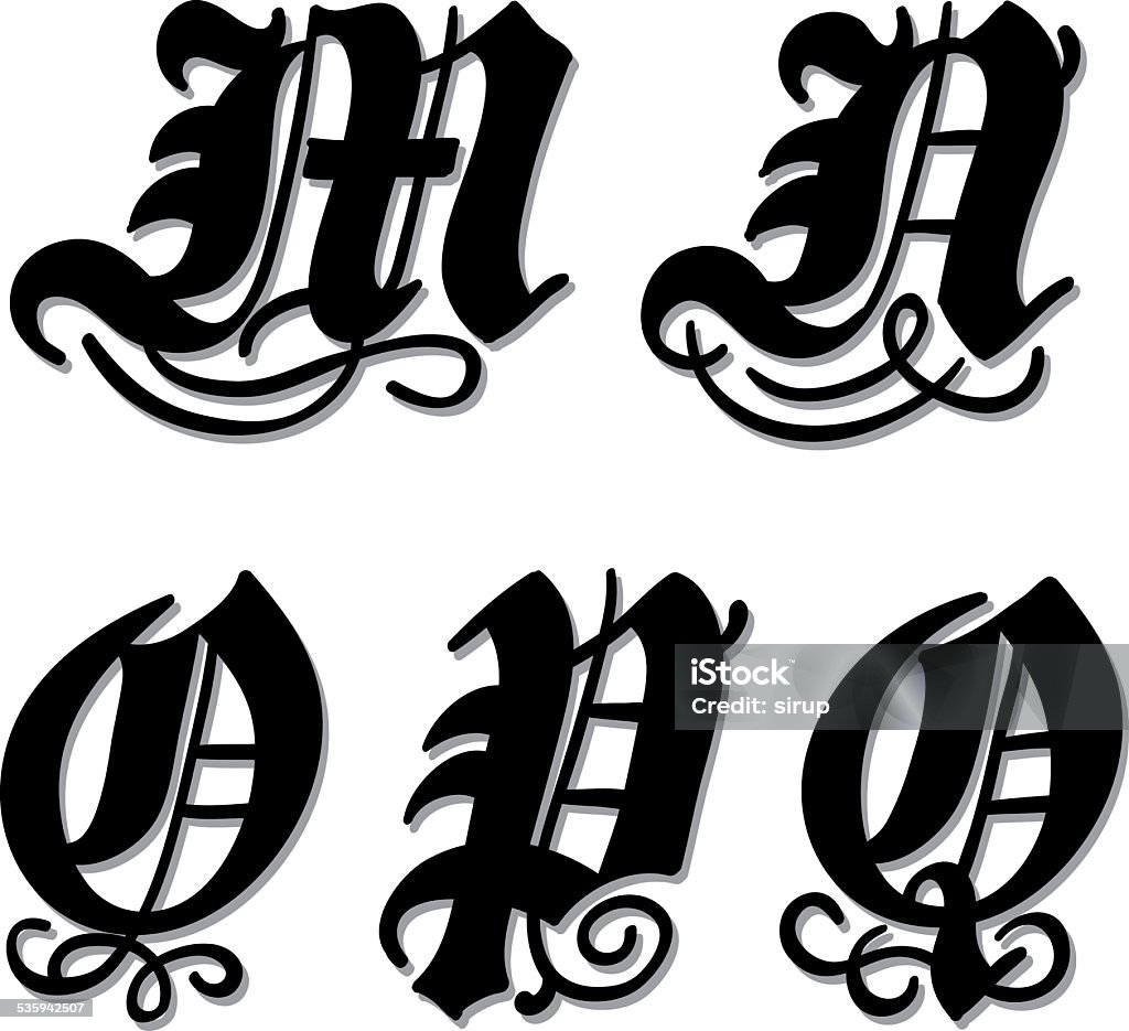 Gothic alphabet letters m, n, o, p, q Uppercase Gothic alphabet letters m, n, o, p, q in a bold black doodle with ornamental swirls and flourishes, vector illustration isolated on white Alphabet stock vector