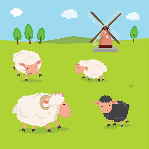 Vector illustration of Farm. Sheep and windmill.