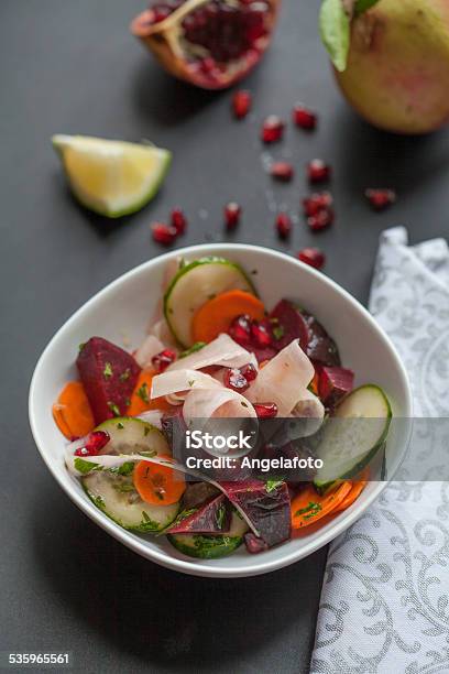 Colorful Pomegranate Salad Stock Photo - Download Image Now - 2015, Black Color, Crockery