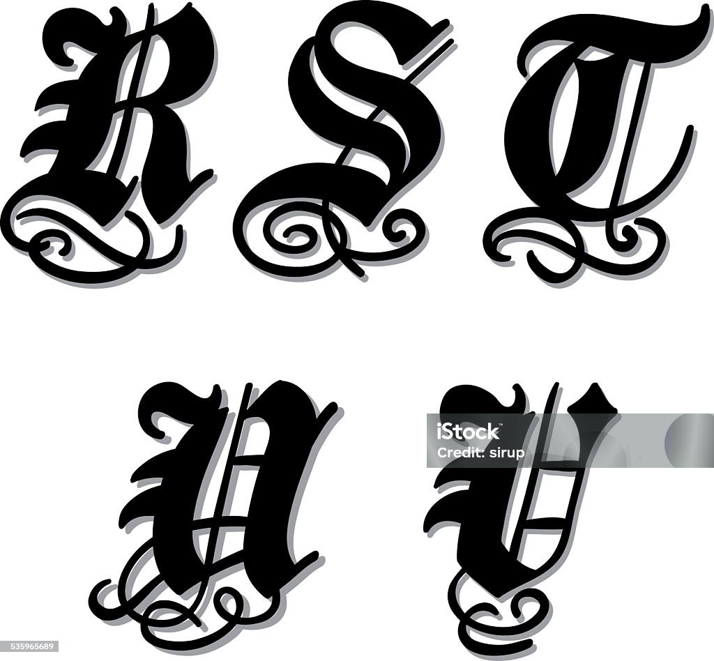 Gothic alphabet letters r, s, t, u, v Uppercase Gothic alphabet letters r, s, t, u, v in a bold black doodle with ornamental swirls and flourishes, vector illustration isolated on white Calligraphy stock vector