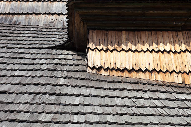 istock Old wooden shingle roof 535968257