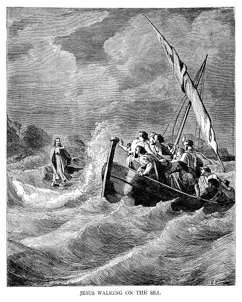 ilustrações, clipart, desenhos animados e ícones de jesus caminhando para o mar - andando em água