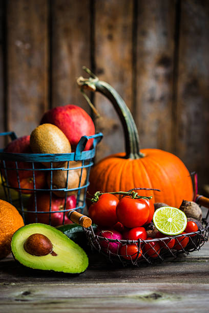istock Fruits and vegetables on wooden background 535971709