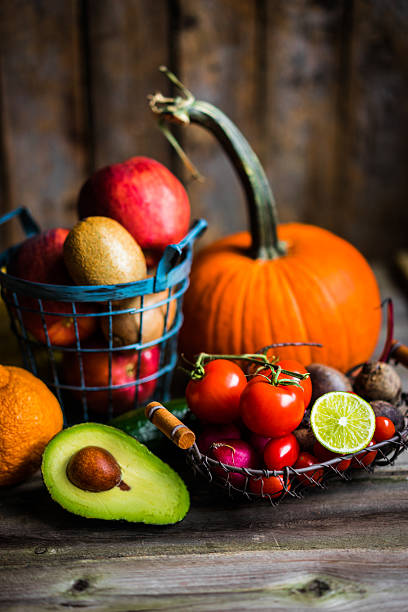istock Fruits and vegetables on wooden background 535971735