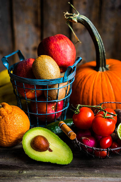 istock Fruits and vegetables on wooden background 535971787