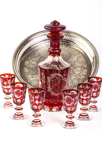 Set of red Bohemiam Cordial Glasses with Decanter and Silver Serving Tray.