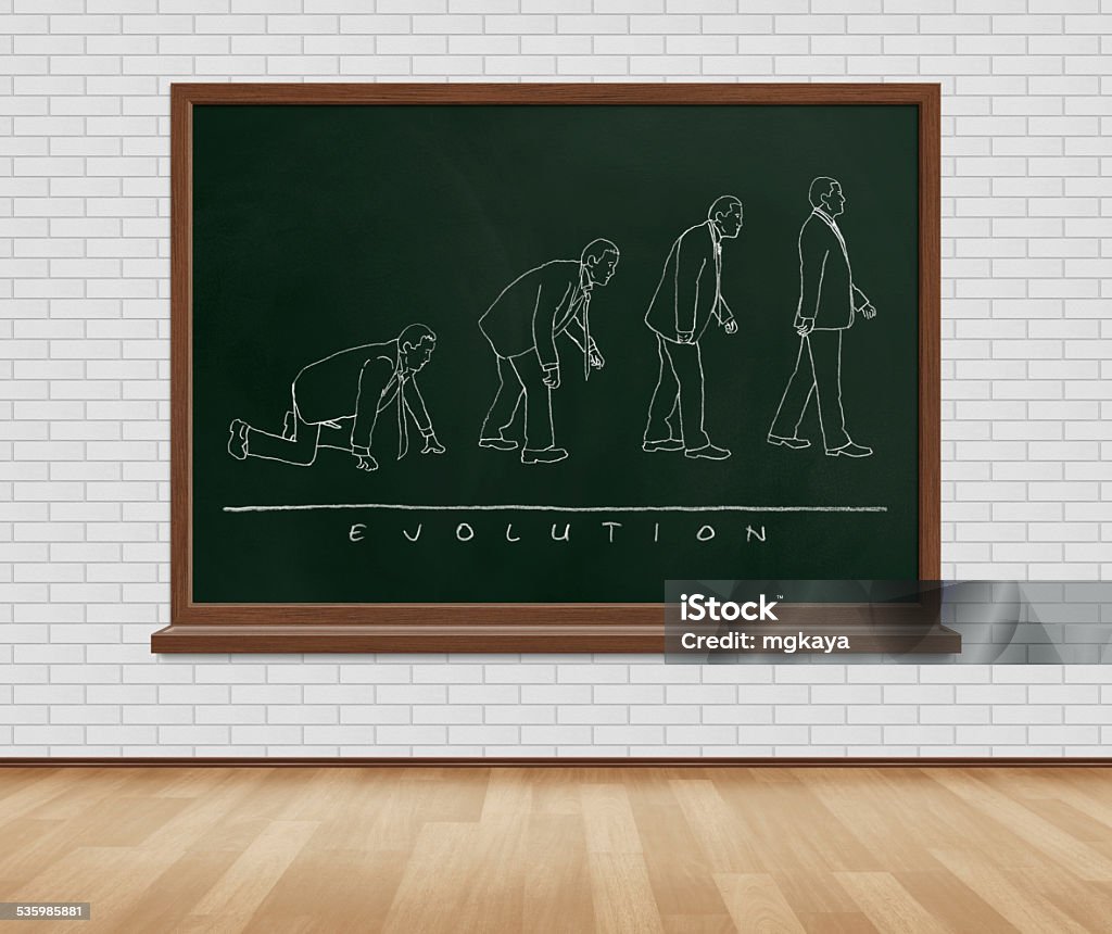 Evolution Sketched on Blackboard Evolution of businessman sketched on blackboard / chalkboard with wooden frame on white brick wall with hardwood floor. 2015 Stock Photo Evolution Sketched on Blackboard Evolution of businessman sketched on blackboard / chalkboard with wooden frame on white brick wall with hardwood floor. 2015 Stock Photo