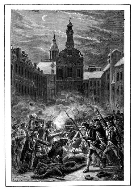 Antique illustration of Boston Massacre (Incident on King Street) US history and American civil war: antique illustration of Boston Massacre (Incident on King Street) Massacre stock illustrations