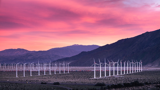 San Gorgonio Pass Wind Farm at Sunset looking to the west. Among the largest wind turbine fields in California.