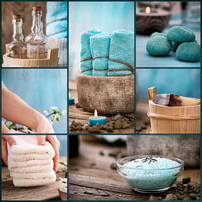Spa collage series.  Floral water,  bath salt, candles and towel. Dayspa theme