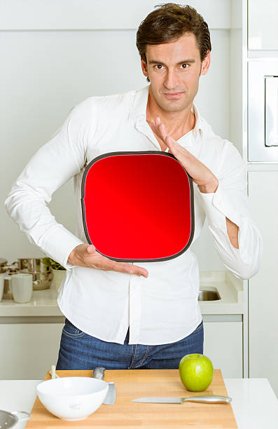istock Man in the kitchen with red sign 536013711