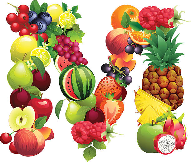 buchstabe m aus verschiedene früchte mit blättern - letter m alphabet food fruit stock-grafiken, -clipart, -cartoons und -symbole