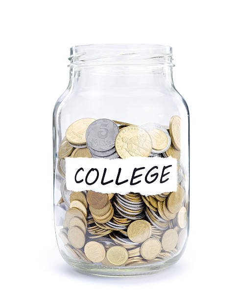 Jar with coins on College Jar with coins on College, money isolated on white. australian 5 cents stock pictures, royalty-free photos & images
