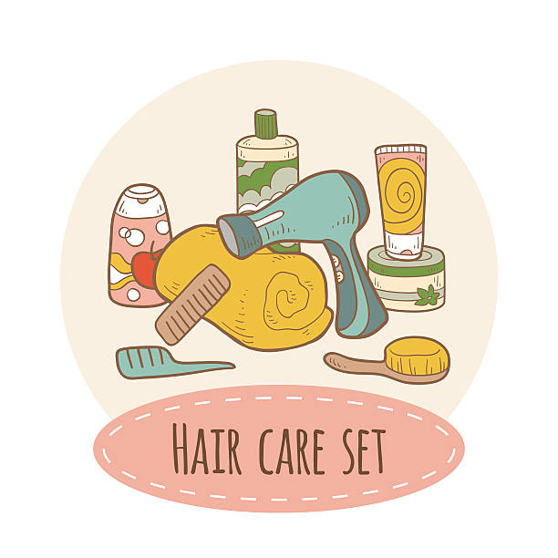 Hair care set Hair care set human hair comb combing cartoon stock illustrations