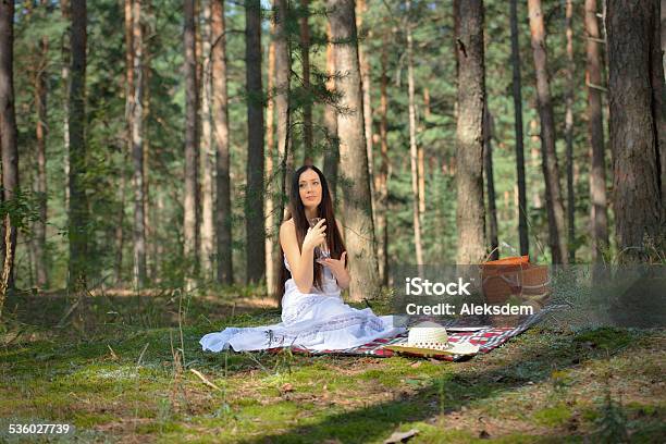 Beautiful Caucasian Woman At Picnic In Forest Stock Photo - Download Image Now - 2015, Adult, Adults Only