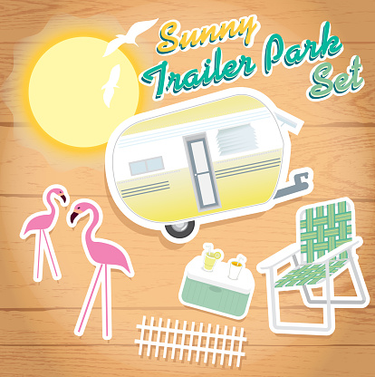 Vector illustration of sunny trailer park set. Wood grain background.  Includes trailer, pink flamingos, cooler with beverages, picket fence and lawnchair. Bright sun in background with shading. Fun summer times, relaxing times, beach, drinks, restful, travelling, family, friends, cool, ice tea, lemonade. Vacation, holidays, ice, retro, camper, games, laughing, party.