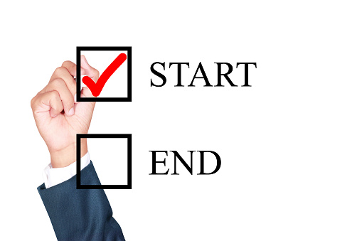 motivation choose start is better solution for success by businessman tick box on white background