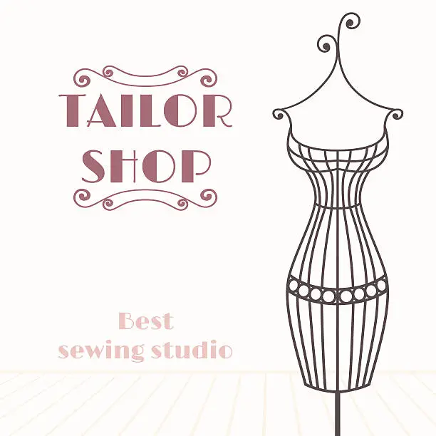 Vector illustration of Vintage iron mannequin. Tailor shop background