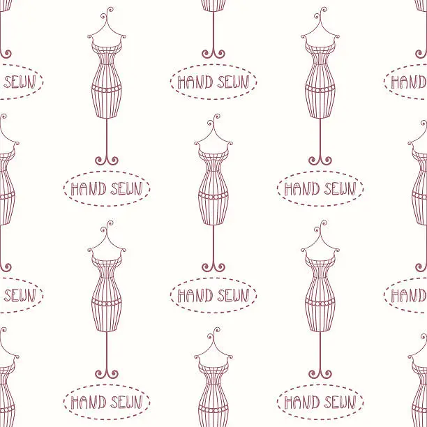 Vector illustration of Small vintage iron mannequin seamless pattern with inscription hand sewn