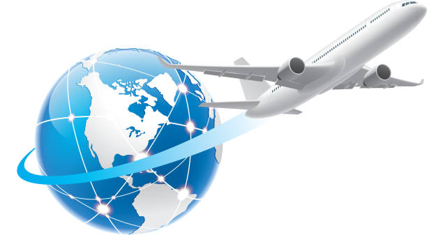 ilustraciones, imágenes clip art, dibujos animados e iconos de stock de flying todo el mundo - global business taking off commercial airplane flying