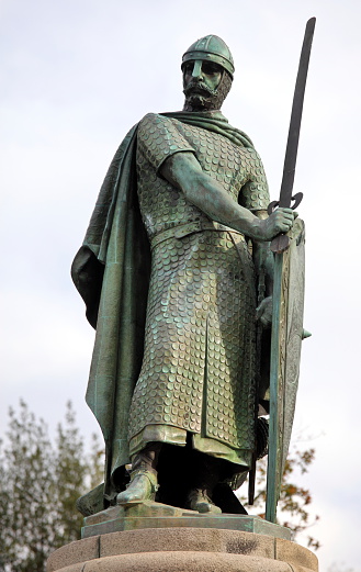 Statue of King Dom Afonso Henriques by the Sacred Hill in the city of Guimaraes. The first king of Portugal in the 12th century