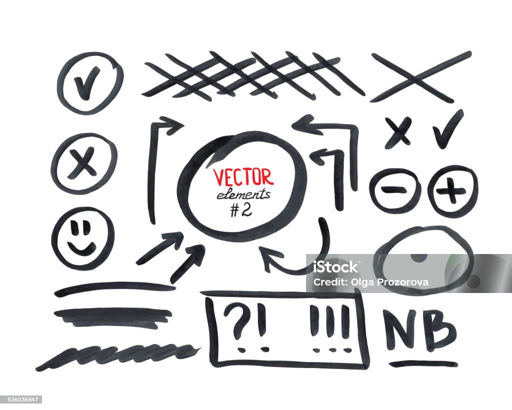 Set of correction and highlight elements, part 2 Set of correction and highlight elements, part 2. Circles, arrows, cross signs etc. Hand drawn with marker pen. Vector illustration. Question Mark stock vector