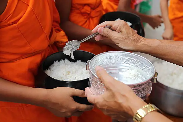 donate, faithful, give alms to a Buddhist monk, Thailand