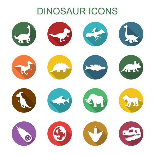 illustrazioni stock, clip art, cartoni animati e icone di tendenza di dinosauro lungo le icone di ombreggiatura - dinosaur footprint track fossil