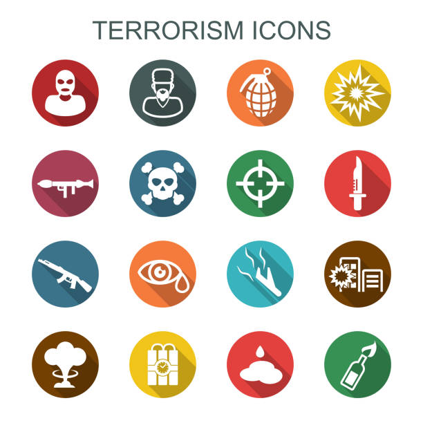 ilustraciones, imágenes clip art, dibujos animados e iconos de stock de el terrorismo long shadow iconos - computer icon symbol knife terrorism