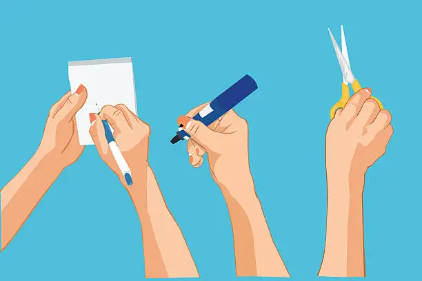 Vector illustration of Hands writing note ,holding Whiteboard pen, holding scissors.