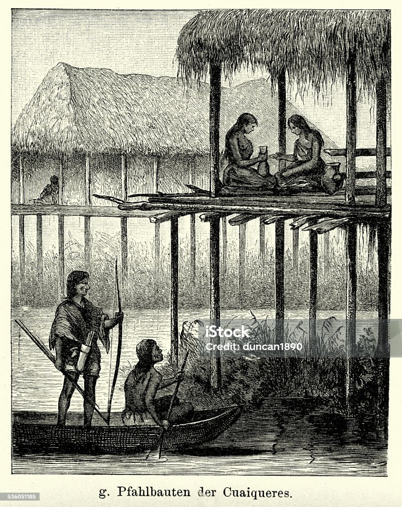 19th Century Colombia Vintage engraving of native americans of columbia. Ferdinand Hirts Geographische Bildertafeln,1886. Colombia stock illustration