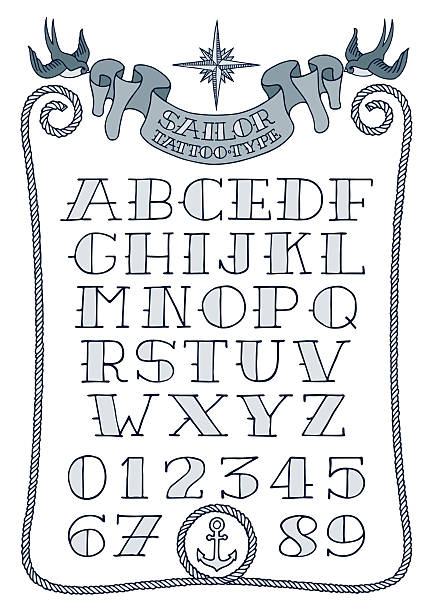 Sailor Tattoo Type Complete alphabet numbers, punctuation and accents tattoo fonts stock illustrations