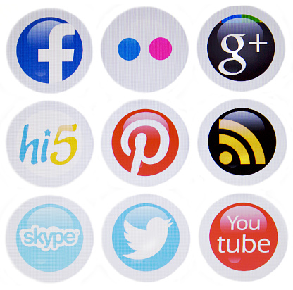Prizren,Kosovo - February 1, 2015: Social network signs,facebook,flickr,google plus,pinterest,skype,twitter,you tube and others processed with graphic software on pc screen