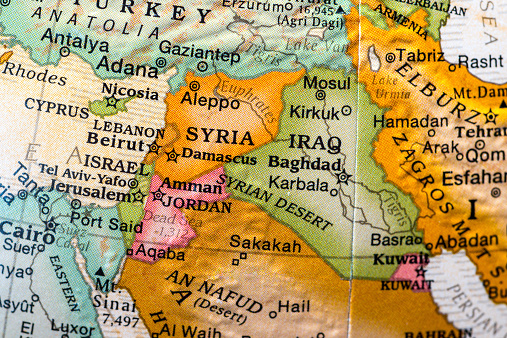 small desktop world globe showing Syria,Israel,lebanon,jordan, and vicinities