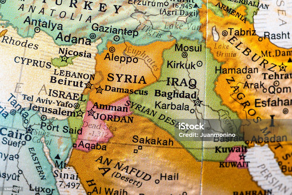 Zone of Conflict small desktop world globe showing Syria,Israel,lebanon,jordan, and vicinities Map Stock Photo